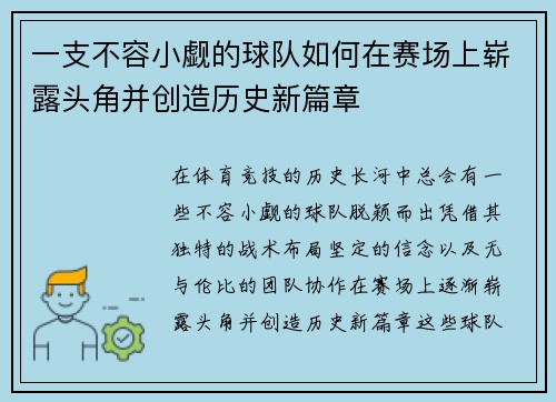 一支不容小觑的球队如何在赛场上崭露头角并创造历史新篇章