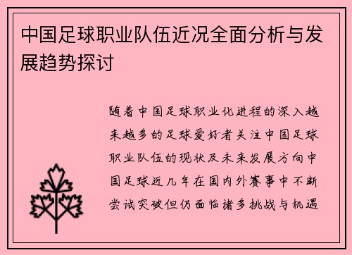 中国足球职业队伍近况全面分析与发展趋势探讨