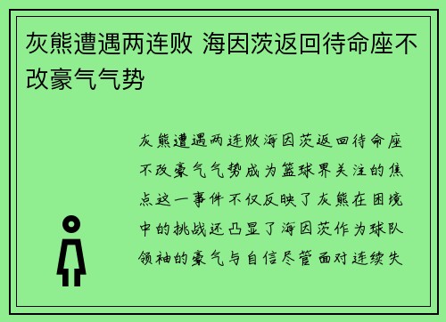 灰熊遭遇两连败 海因茨返回待命座不改豪气气势