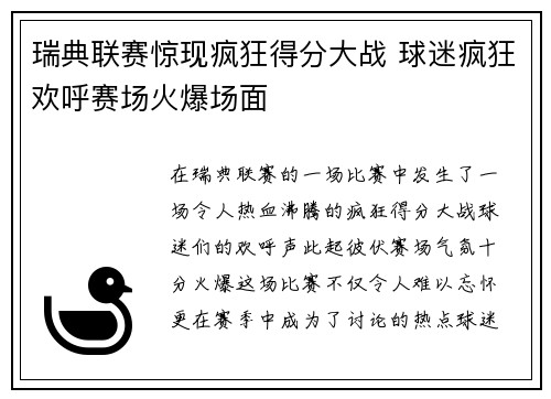 瑞典联赛惊现疯狂得分大战 球迷疯狂欢呼赛场火爆场面