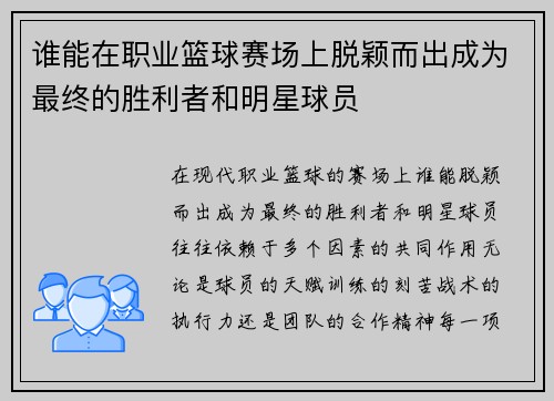 谁能在职业篮球赛场上脱颖而出成为最终的胜利者和明星球员