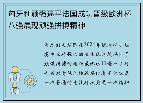 匈牙利顽强逼平法国成功晋级欧洲杯八强展现顽强拼搏精神
