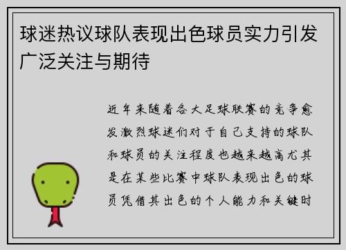 球迷热议球队表现出色球员实力引发广泛关注与期待